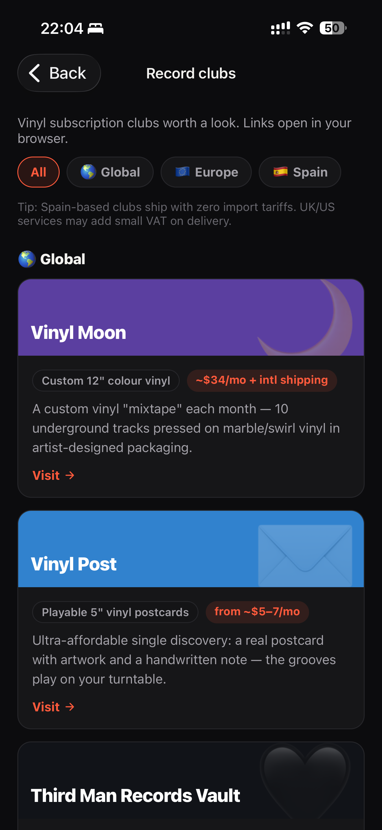 The Spindl app listing vinyl subscription clubs