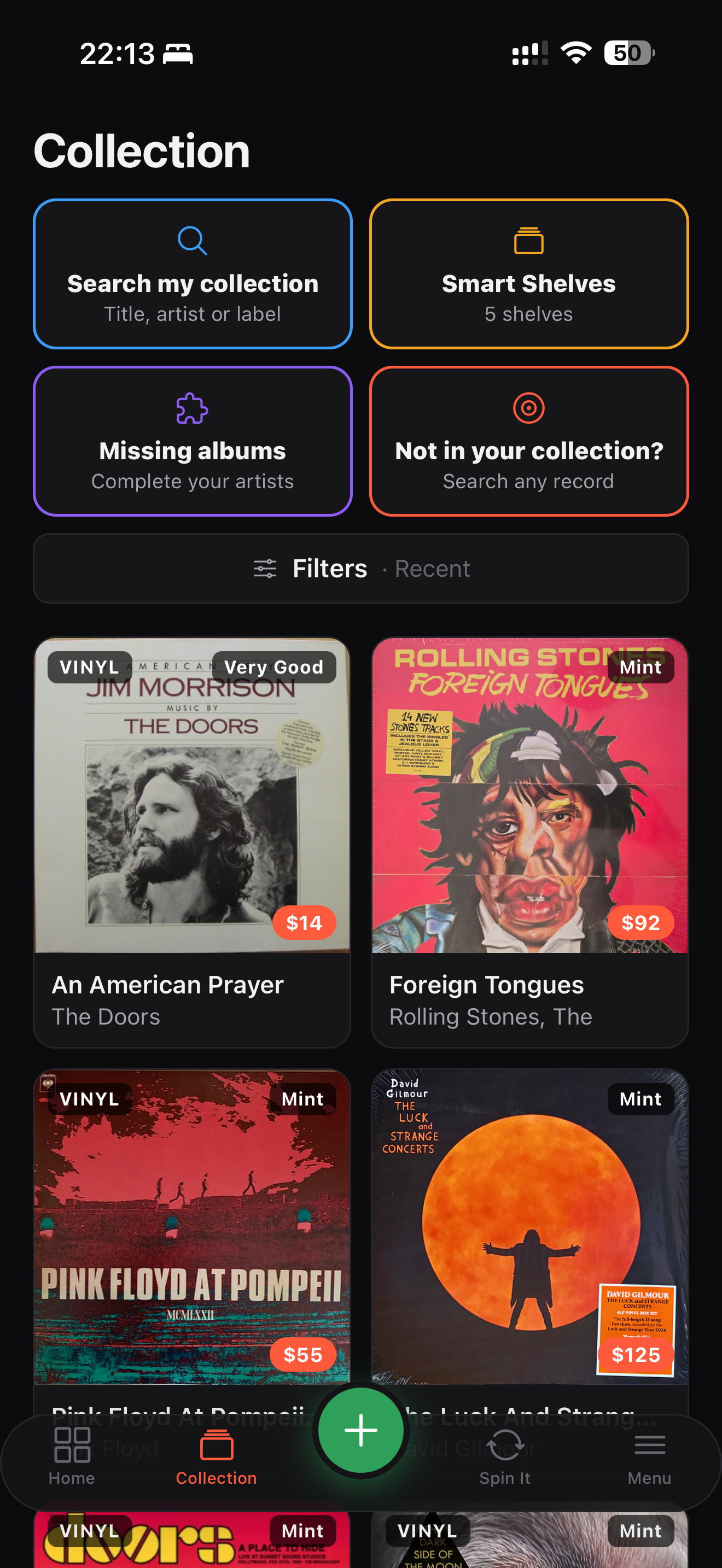The Spindl app showing a record collection