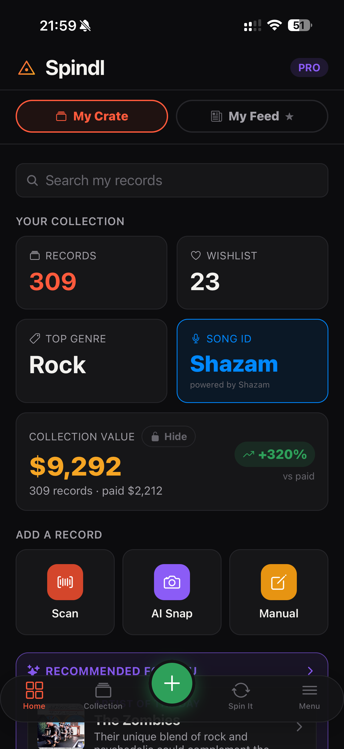 The Spindl app showing a collection worth $9,292