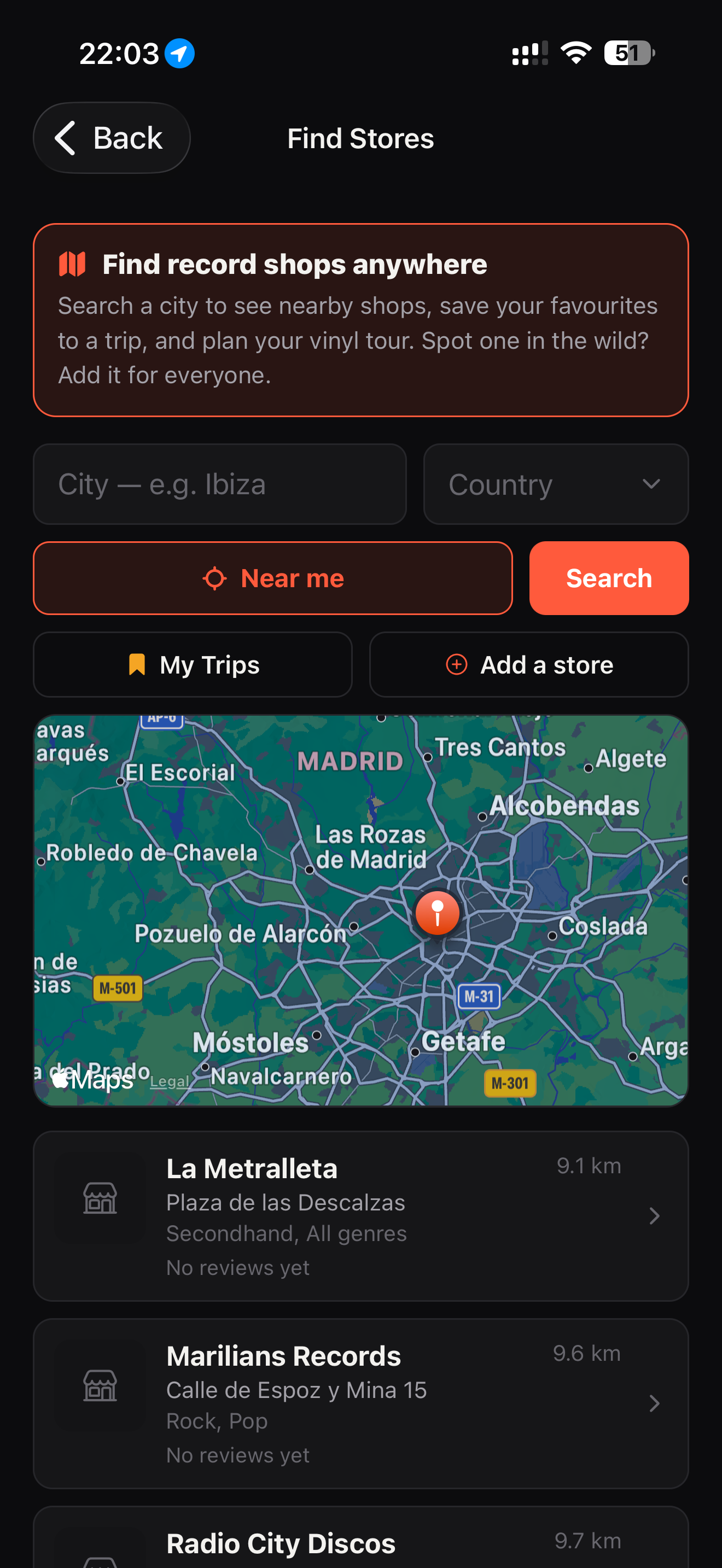 The Spindl app finding record shops in Madrid on a map